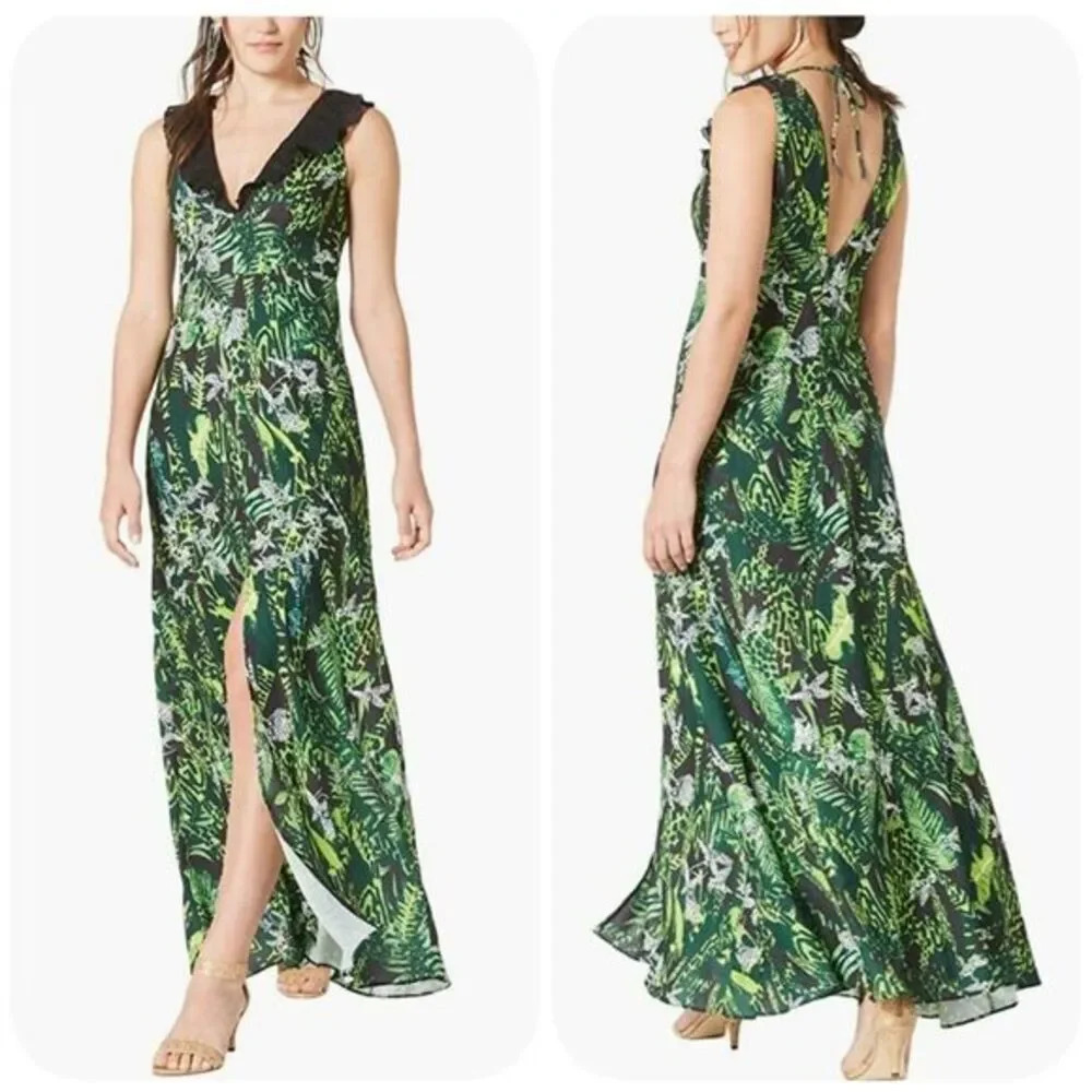 Foxiedox Print Ruffle V-neck Evening Gown In Green Multi